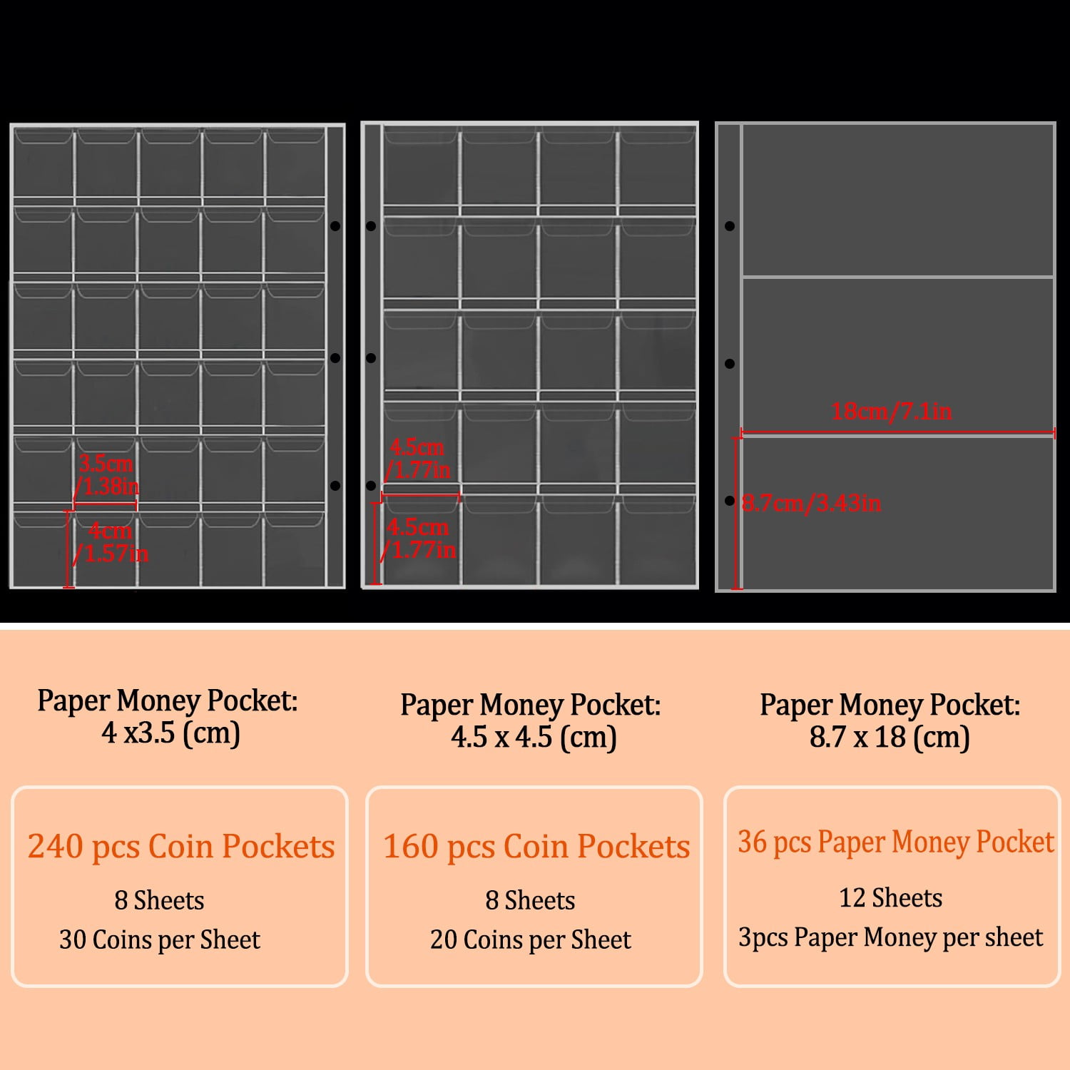 VORFOR Coin Collection Book Holders, 400 Pockets Fireproof Coins Collection Album & 36 Sleeves Paper Money Display Storage Organizer Case