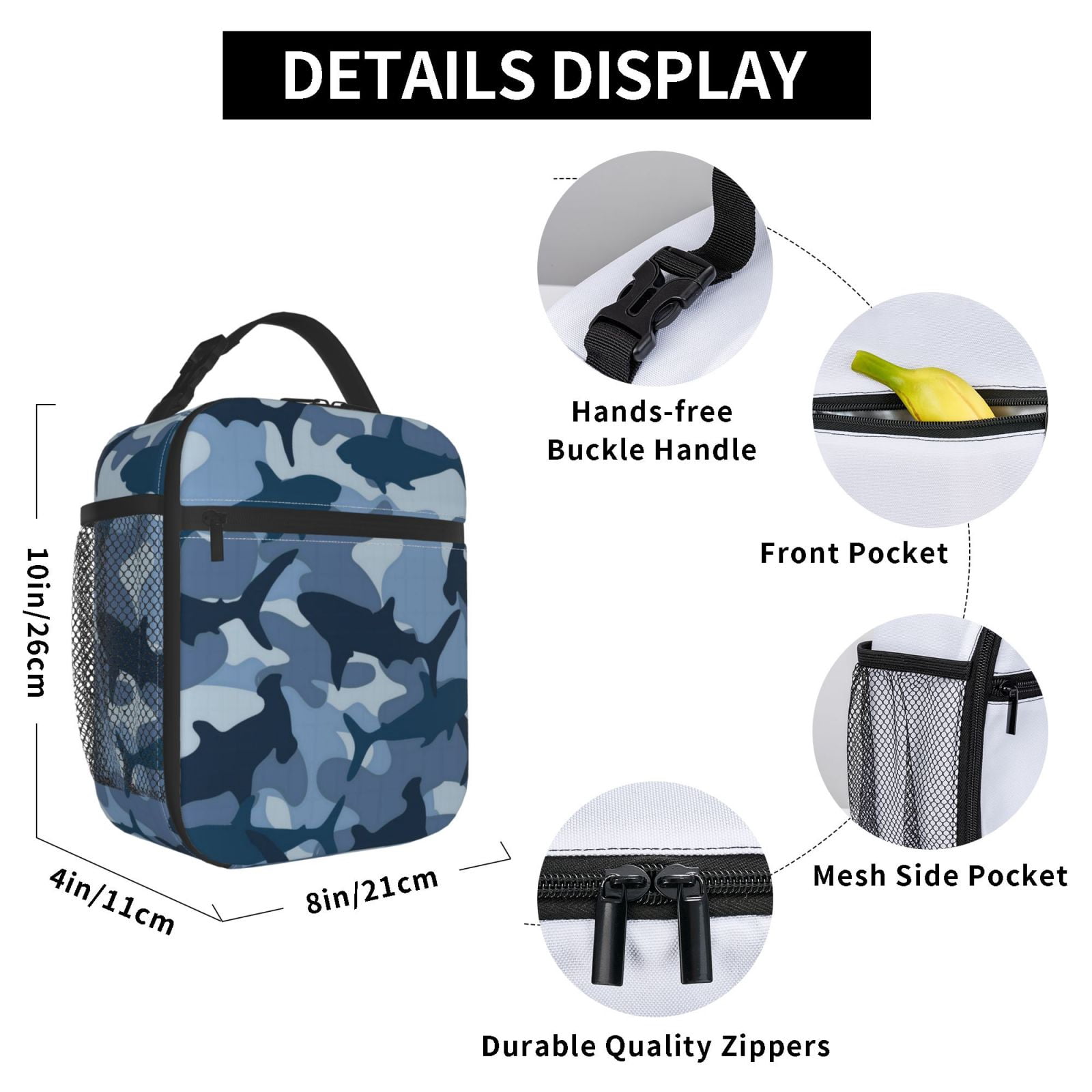 Lunch Bag For Women Men Insulated Portable Lunch Box Bento Box Office Picnic Travel Cooler Bag Camouflage-Patterned Shark