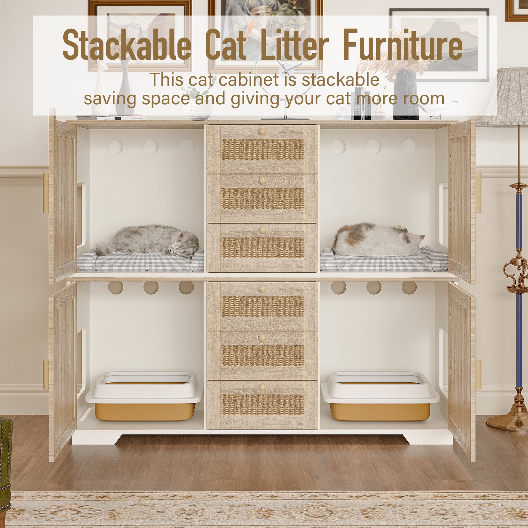 Faceket Cat Litter Box Enclosure Furniture, 55.2" L x 24.2" W x 20.2" H, Hidden Indoor 2-in-1 Wooden Cabinet with Scratching Board Doors & 3 Drawers, for 2 Cats, White