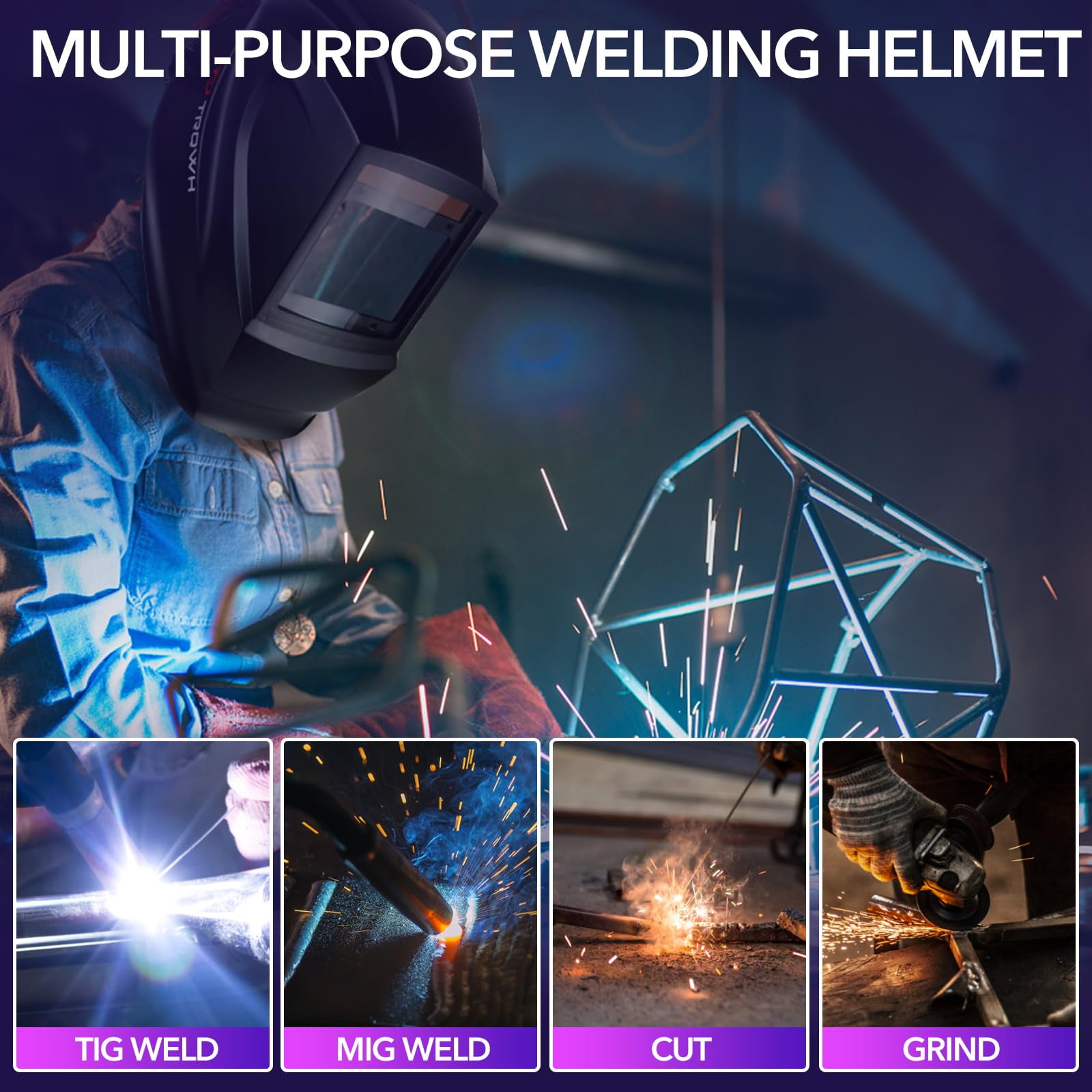 Welding Helmet Auto Darkening - Large Viewing True Color Solar Powered Welding Hood with 4 Arc Sensor Adjustable Wide Shade Range 4~5-8/9-13 Welder Mask for TIG MIG ARC Weld Plasma Cut Grinding