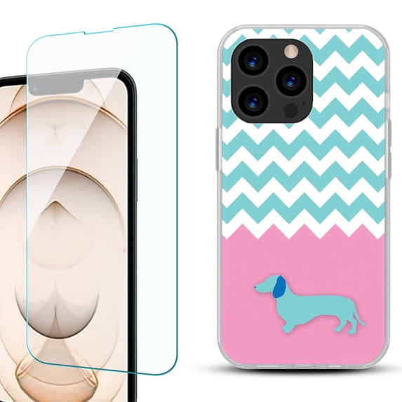 Slim-Fit Anti-Scratch Gel TPU Phone Case for iPhone 13 Pro, with Tempered Glass Screen Protector, by OneToughShield ® - Chevron/Dachshund/Puppy
