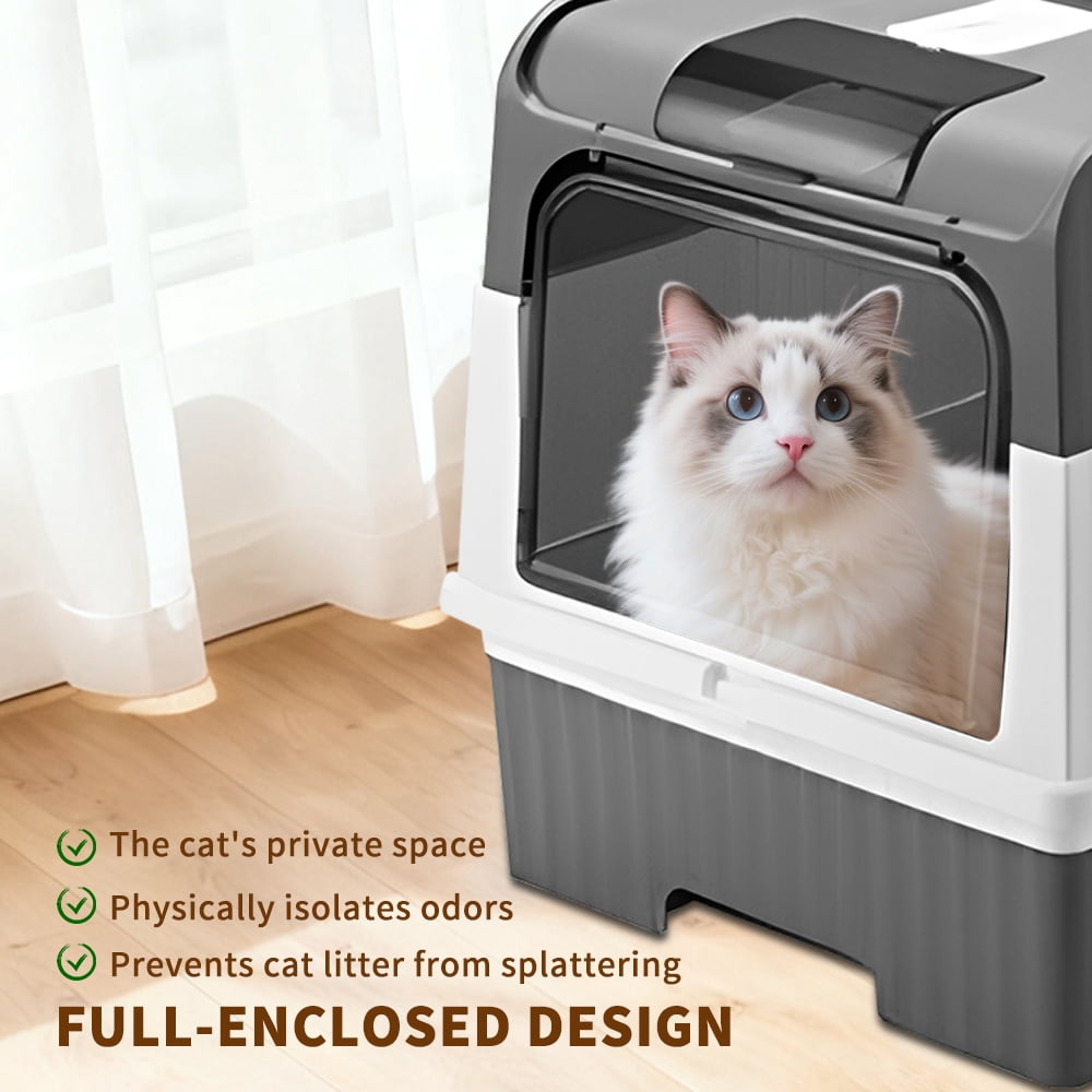 Fully Enclosed Cat Litter Box + Mat, Gray/20.5*13.8in