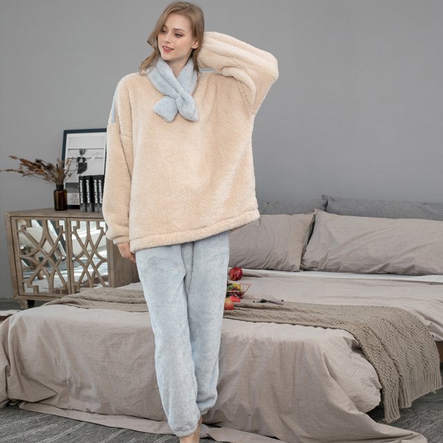 Ensembles de Pyjama pour Femmes Vêtements de Nuit d'Hiver Poche Solide Manches Longues + Pantalon Long Ensemble de Pyjama m