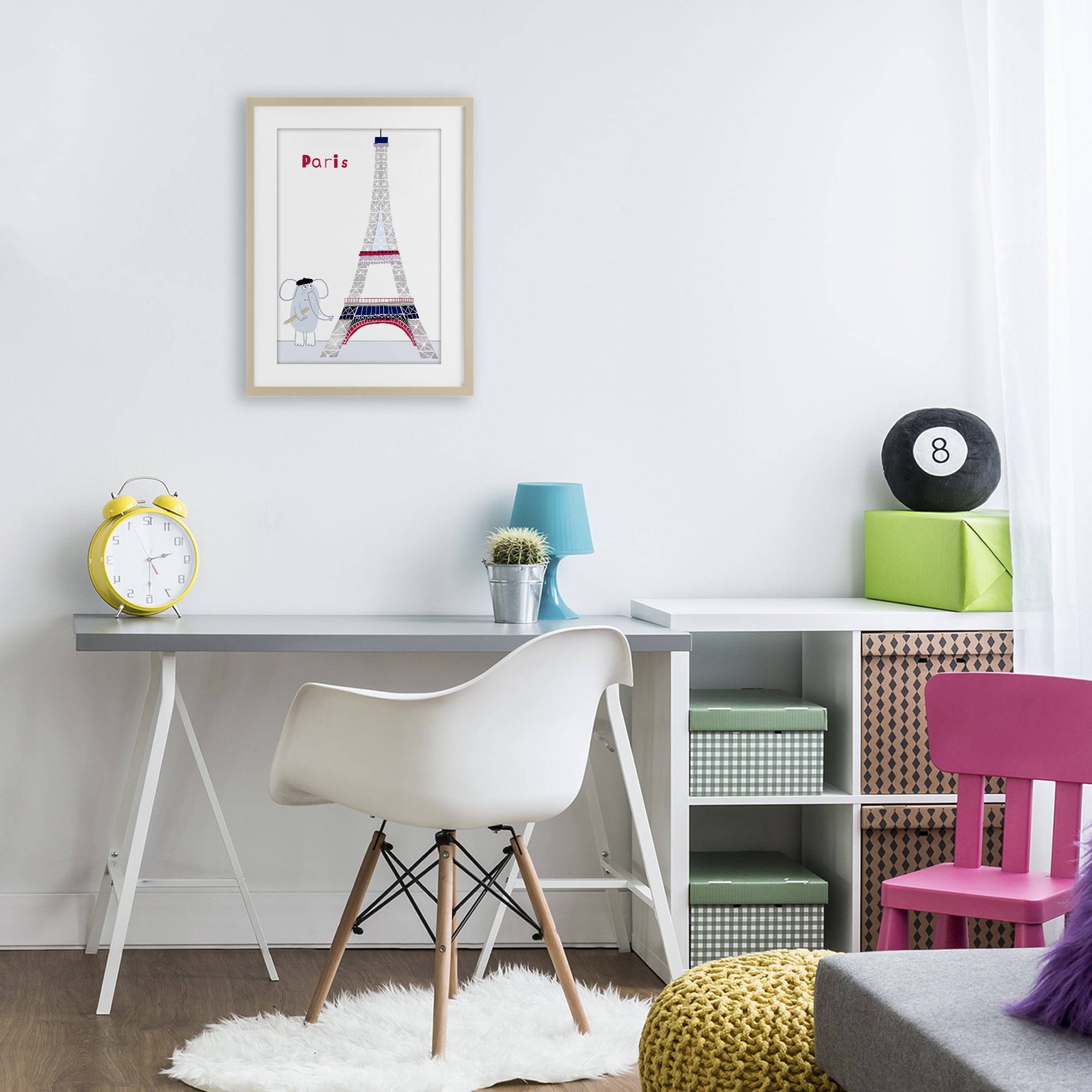 Elephant & Eiffel Tower Birch Framed Print Under Glass, design by Carla Daly