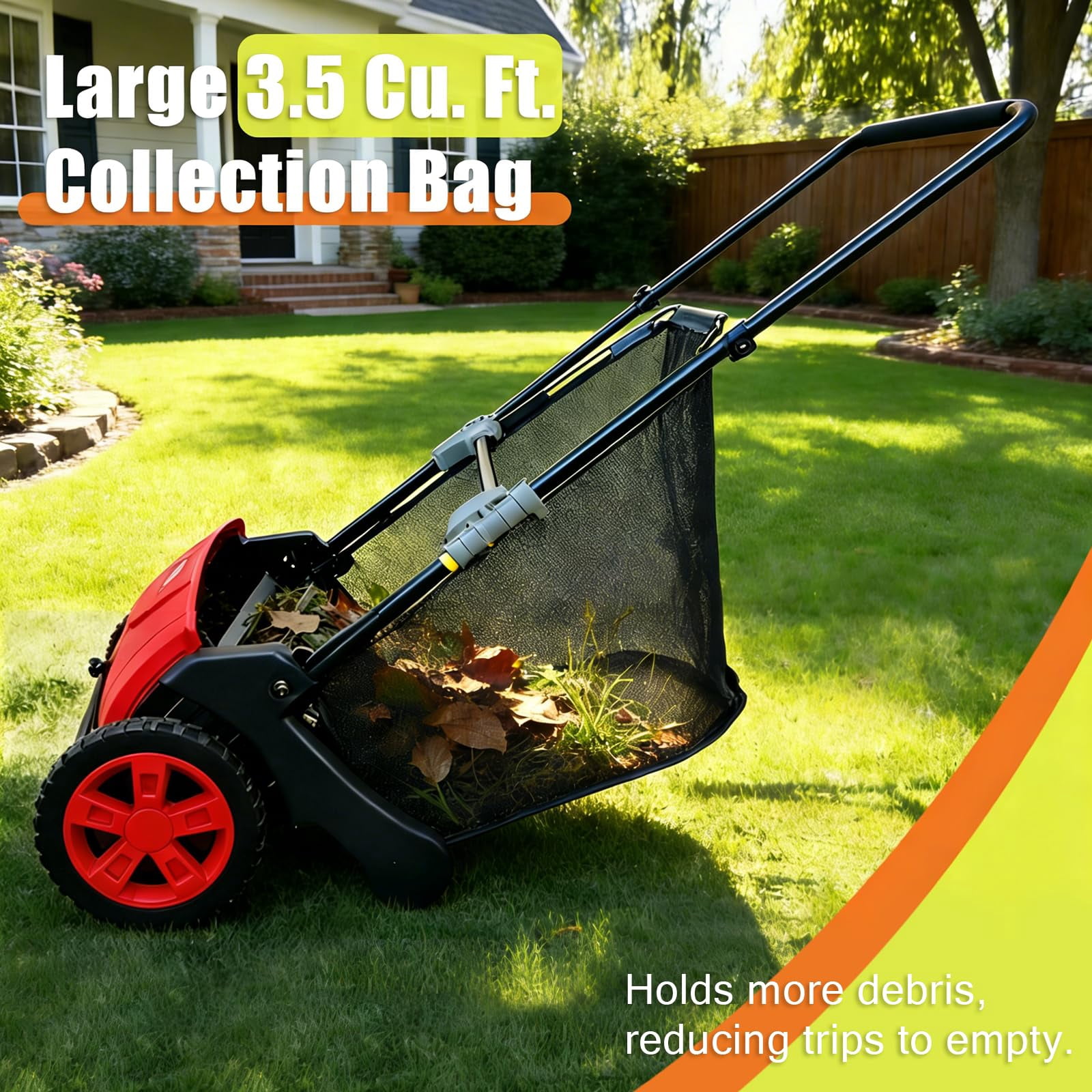 Manual Push Lawn Sweeper, 21-Inch Leaf & Grass Collector – 3.5 Cu. Ft. Collector Bag – Height-Adjustable Brushes – Collapsible for Yard & Driveway Cleanup – Red