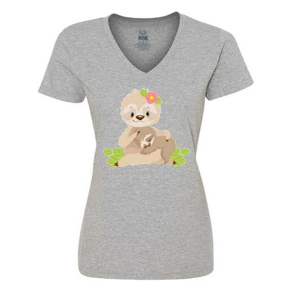 Inktastic Sloth Mom with Baby Sloth and Flowers Women's V-Neck T-Shirt