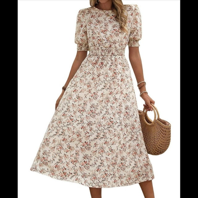 Vestidos Florales de para Mujer, Estilo Bohemio, Informal, de Verano, con Mangas Abullonadas, Estilo Occidental Albaricoque XL