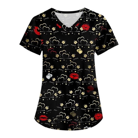 Hearthz S-5XL Valentines Scrubs Tops for Women Love Heart Graphic Scrub Tops V Neck Short Sleeve Nurses Working Uniforms with Pocket