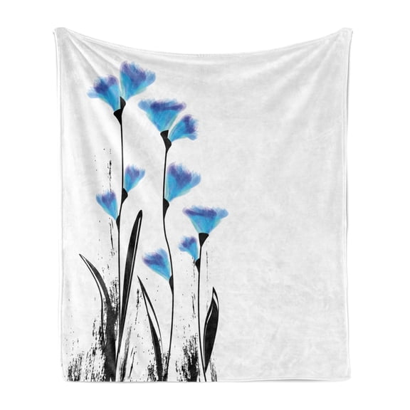 Floral Soft Flannel Fleece Throw Blanket, Vector Flowers Turkish Ottoman Tulips in Ombre Watercolored Image, Cozy Plush for Indoor and Outdoor Use, 60" x 80", Charcoal Grey Sky Blue, by Ambesonne