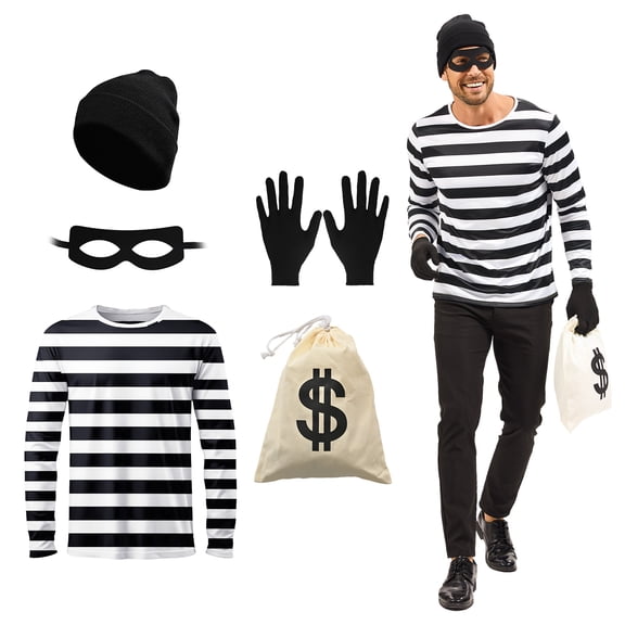 GYQMBT 5PCS Mens Robber Costume Set,Thief Cosplay T Shirt,Black and White Striped T-Shirt Set with Mask, Gloves, Bag, Beanie Cap for Halloween,S