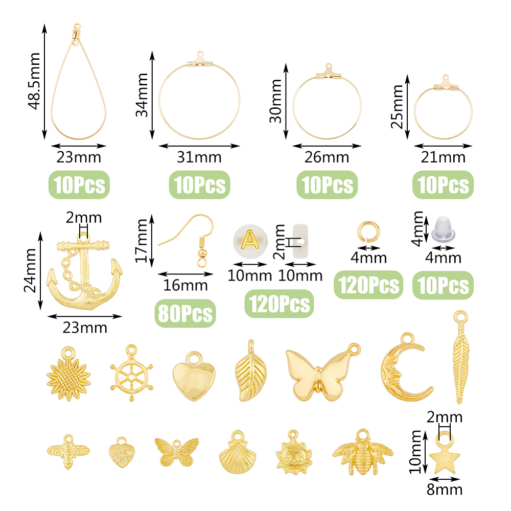 1box Earring Making Kit Including Brass Earring Hooks Alloy & 304 Stainless Steel Wire Pendants Acrylic Letter Beads Pliers Sun & Star & Butterfly & Bees & Heart & Anchor Golden 475pcs/box