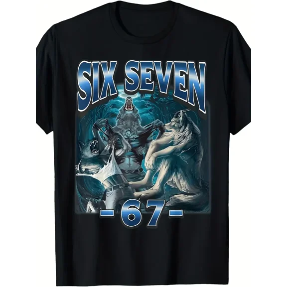Men's 67 Alpha Wolf Meme T-Shirt - Six Seven Number 67 Wolf Pack Design with White & Blue Print, Soft Casual Short Sleeve Shirt for Parties, Casual Attire & Wolf Lovers - Funny