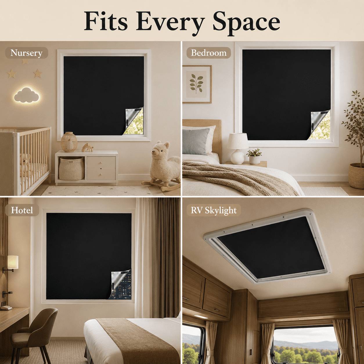 DONGPAI Blackout Curtains Portable No Drill Window Blinds, 100% Light Blocking Temporary Window Cover for Travel, Baby Nursery, Bedroom and RV Skylight, DIY Cut to Size, Reusable Hook and Loop, Black