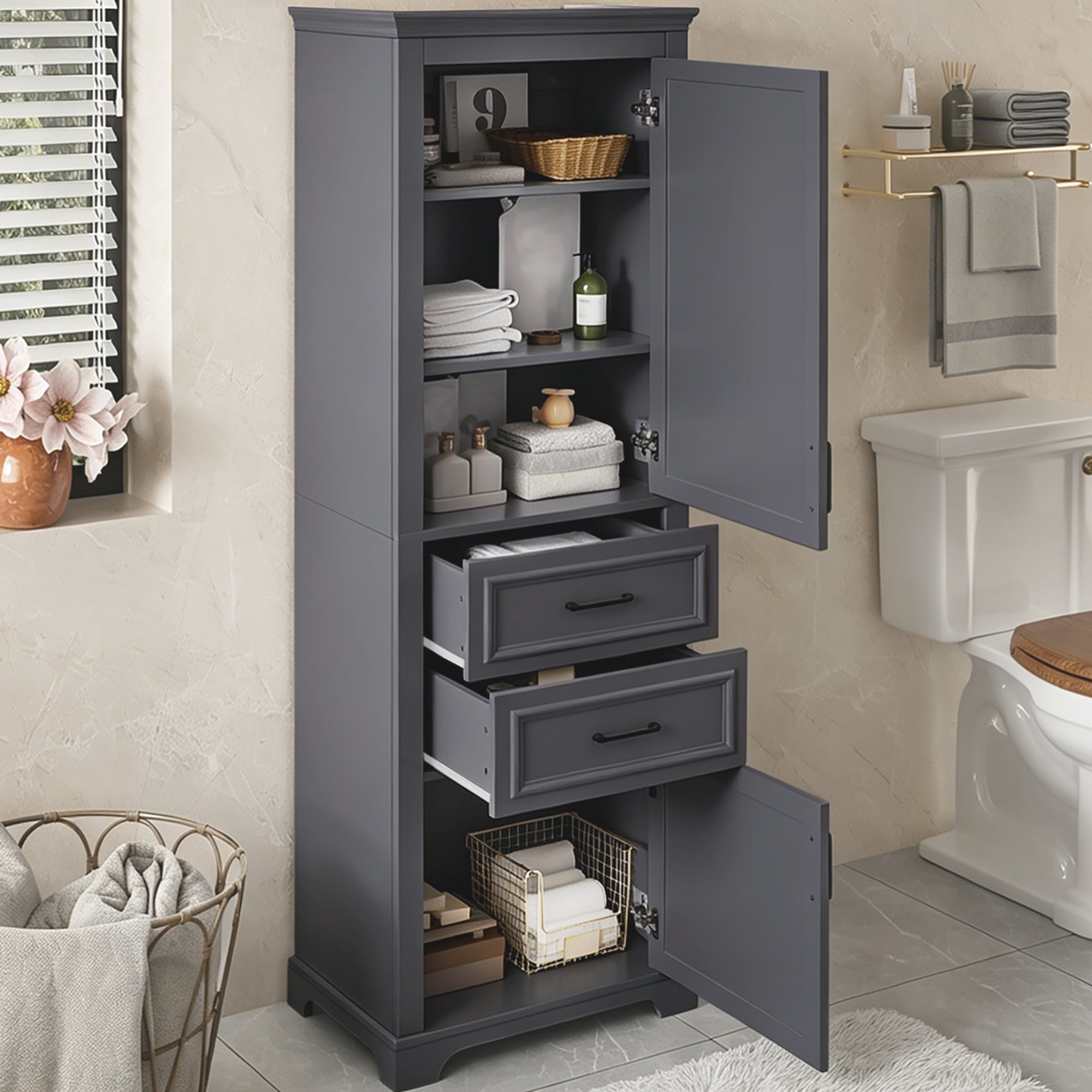 Leumius 71" Tall Freestanding Bathroom Vanity with Damping-Hinge Doors, 2 Drawers, Adjustable Shelf, Anti-Tip Design, Modern Charcoal Gray Finish
