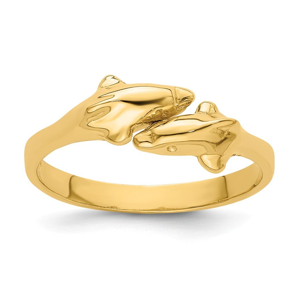 JewelryWeb - 14k Gold Adjustable Double Dolphin Ring Size 7 Jewelry ...
