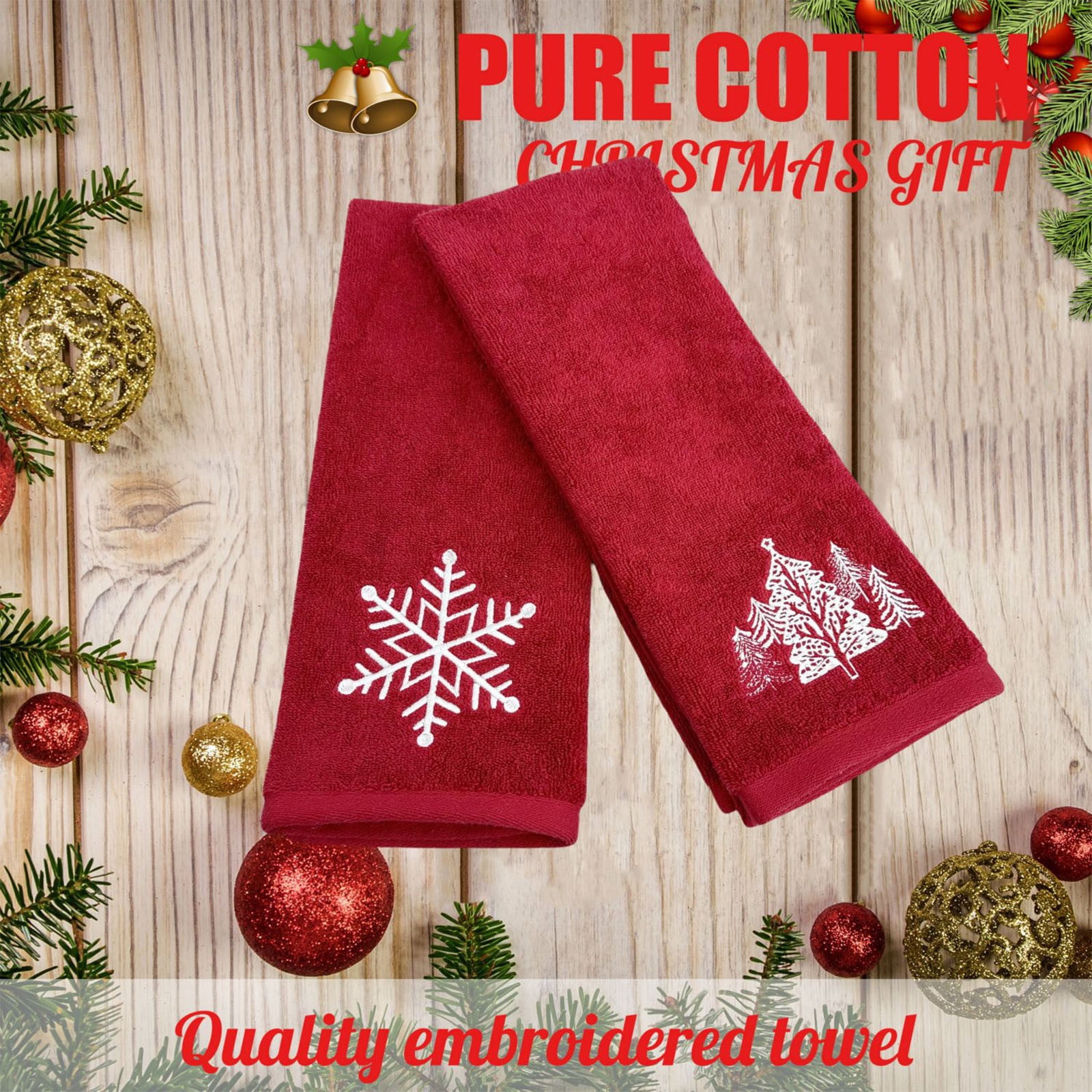 Dmlowu 2pcs Christmas Towels - Extra Soft Cotton Bath Towels, Quicker Dry Christmas Decorations Towels for Bathroom Kitchen, 16x28" Red Christmas Bathroom Decor