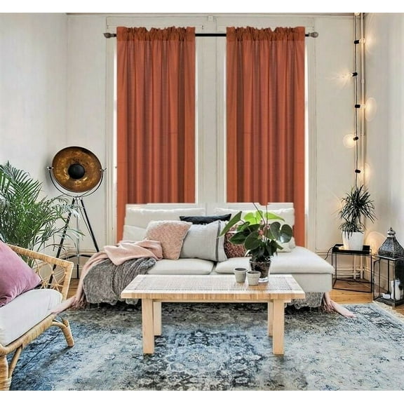 2 Pieces semi sheer brick color faux silk see thru curtain textured panels window treatment with rod pocket privacy light filtering drapes for any room home décor