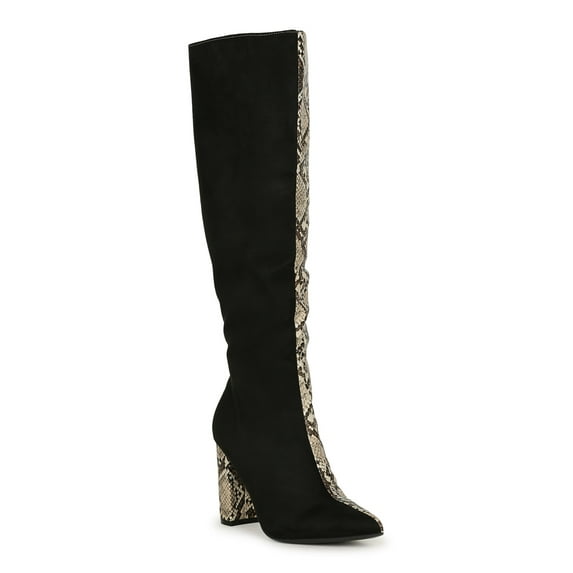 Bamboo Pointed Toe Split Color Chunky Heel Knee High Boot 20384