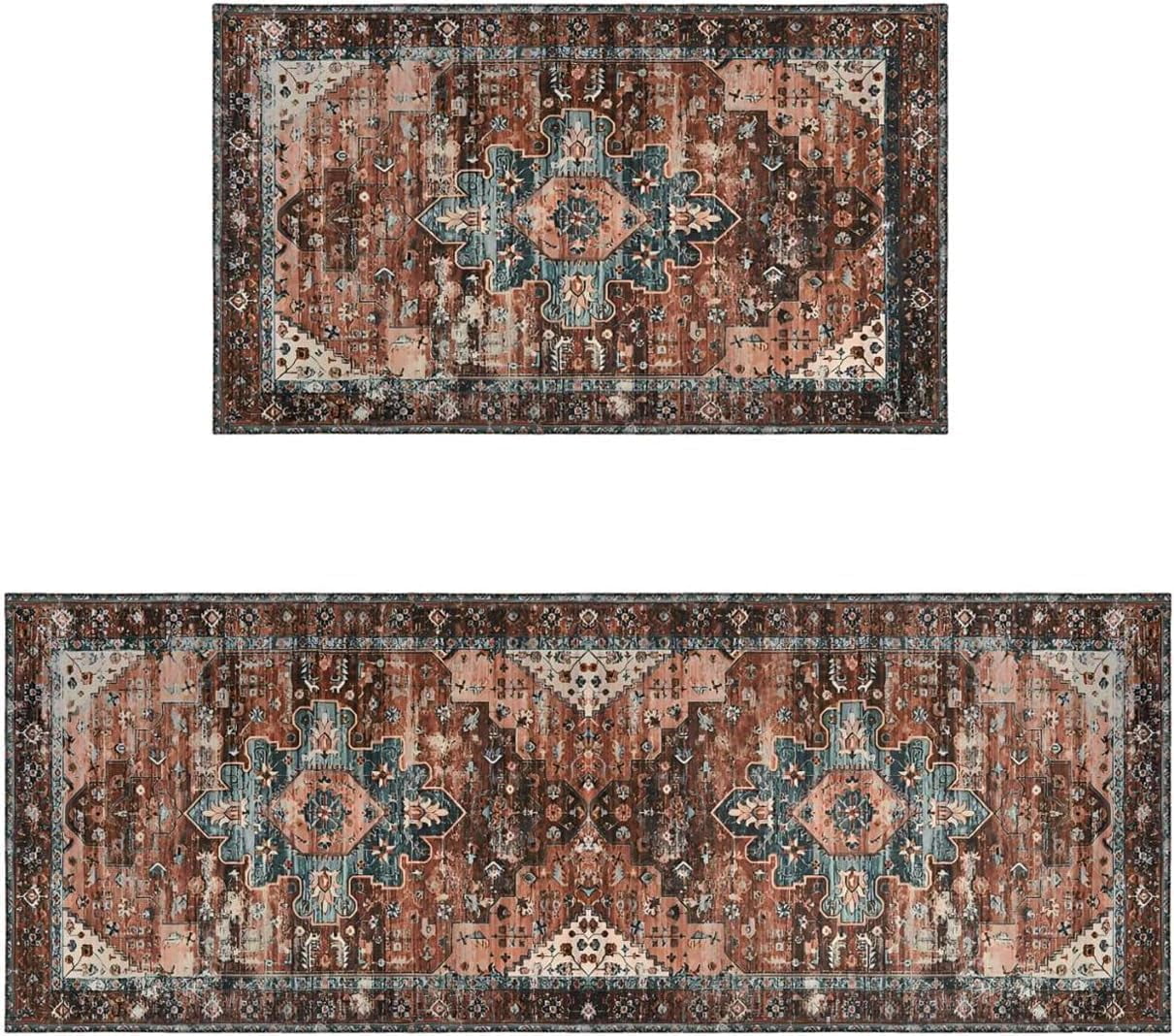 Persian Kitchen Rug and Sets 2 Piece Non Skid Washable mat for Oriental Medallion Boho Kitchen