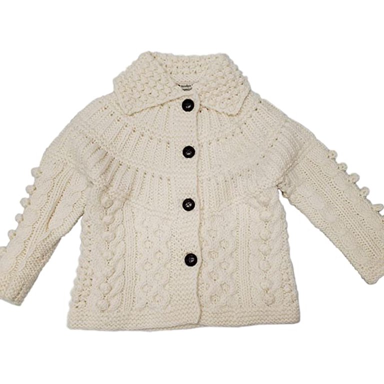 Aran Boy's 100% Merino Wool Irish Cardigan with Buttons | Aran Cable Knit  Kids Button Sweater Fold Over Collar White