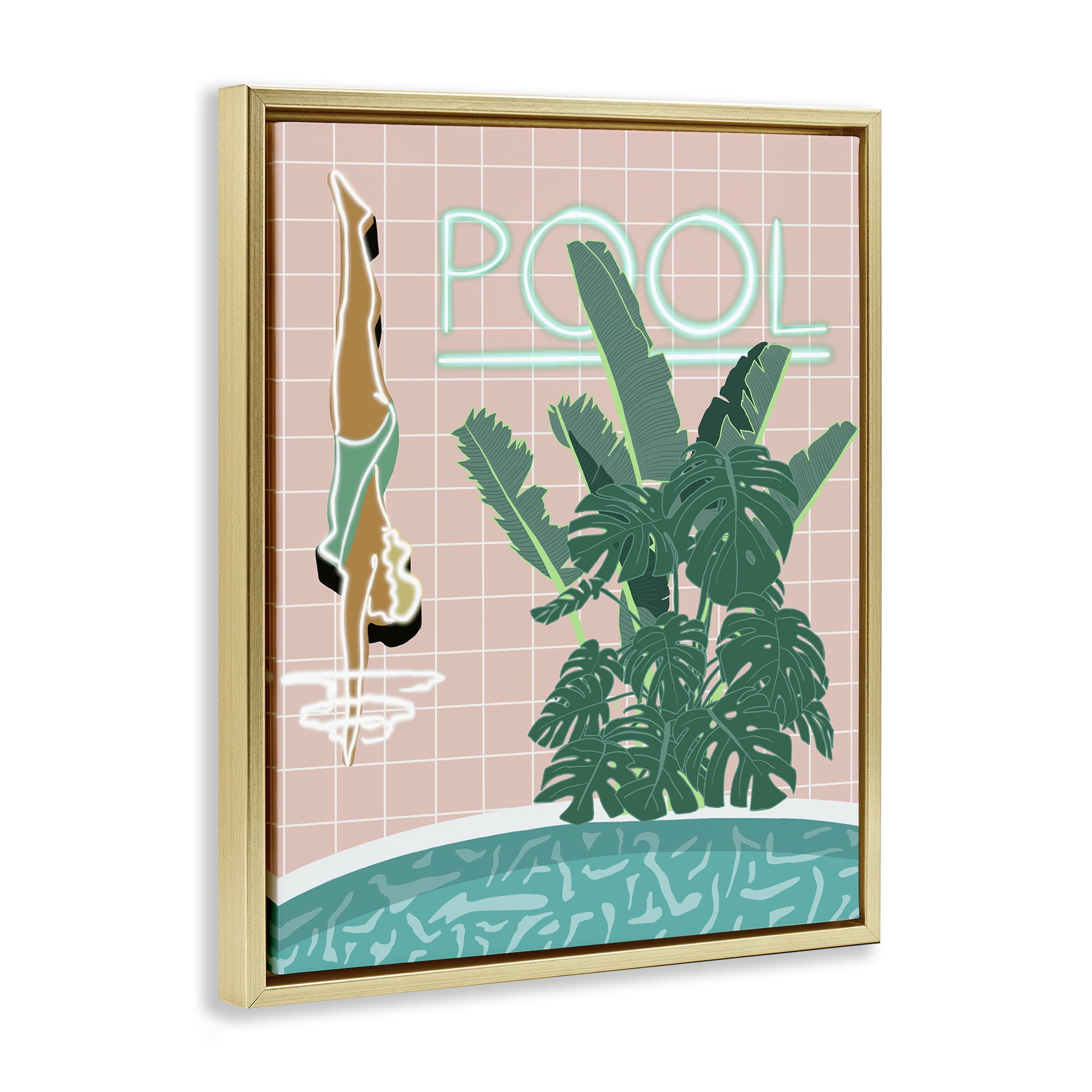 Stupell Industries Retro Diving Pool Typography Painting Gold Floater Framed Art Print Wall Art, 17 x 21