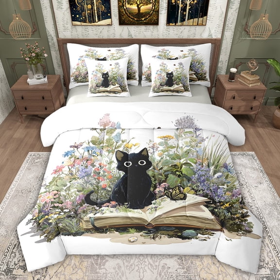 Feelyou Kawaii Cat Kitten Bedding Comforter Set 7 Pieces for Kids, Flower Botanical Plant Full Bedding Set, Vintage Western Books Reversible Fitted Sheet Flat Sheet, Super Cozy Room Decor