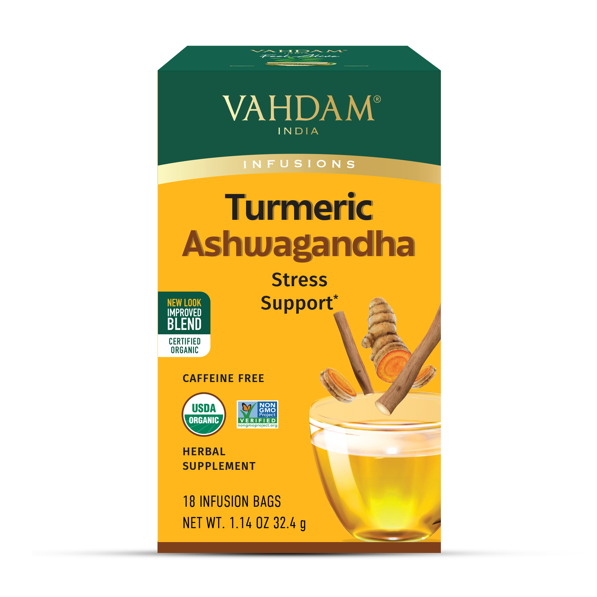 VAHDAM Organic Turmeric Ashwagandha Herbal Tea, 18 Tea Bags | Caffeine-Free Herbal Infusion, Non-GMO, Gluten-Free