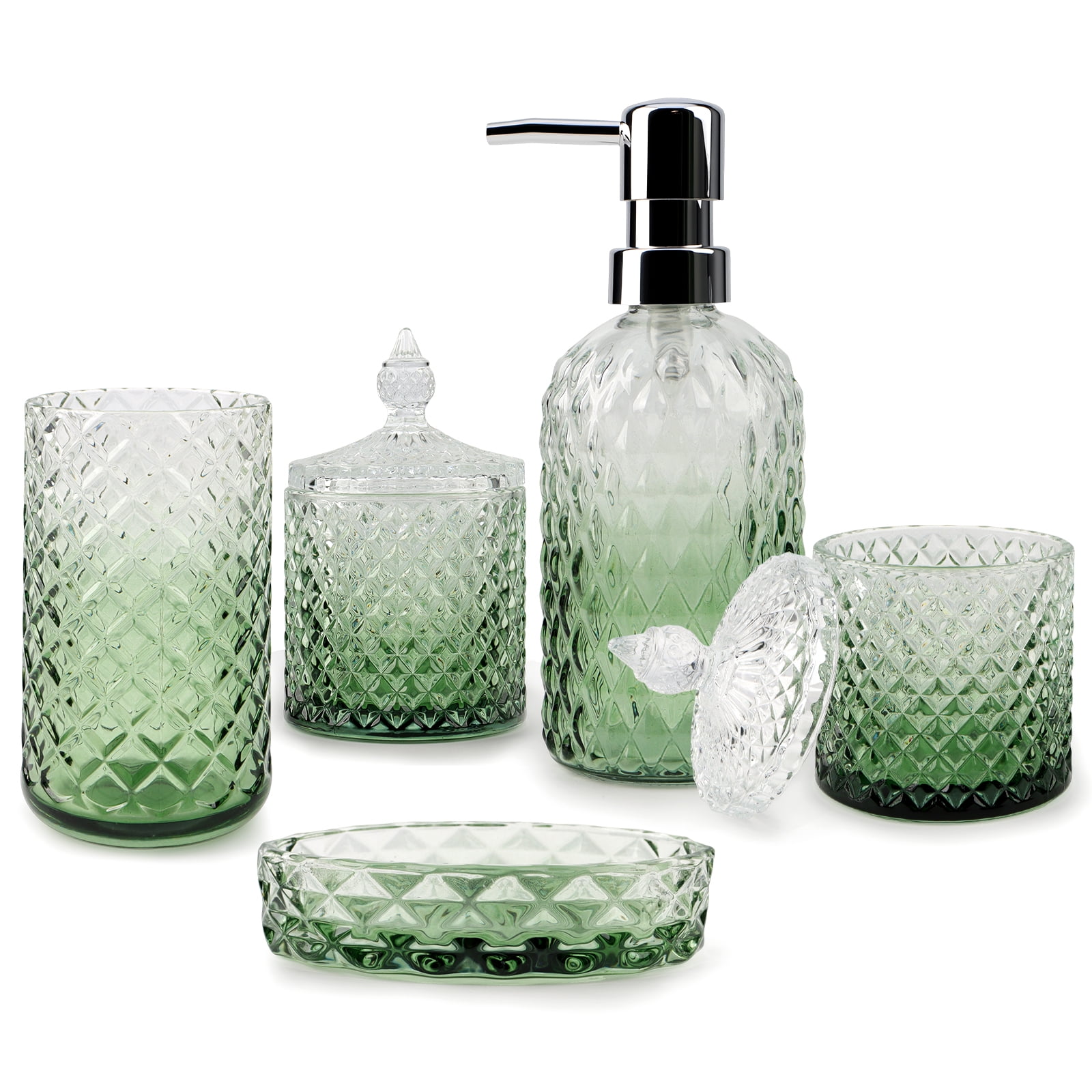 Bathroom Soap Dispenser Set, 5-Piece Glass Bathroom Accessories, Modern Bathroom Decor, Bathroom Glass Accessories Set, Gradient Green
