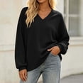 thumbnail image 2 of Otvok V‑Neck Loose Pullover Shirt, Women Waffle‑Textured Drop‑Shoulder Long‑Sleeve Casual Top, 2 of 7