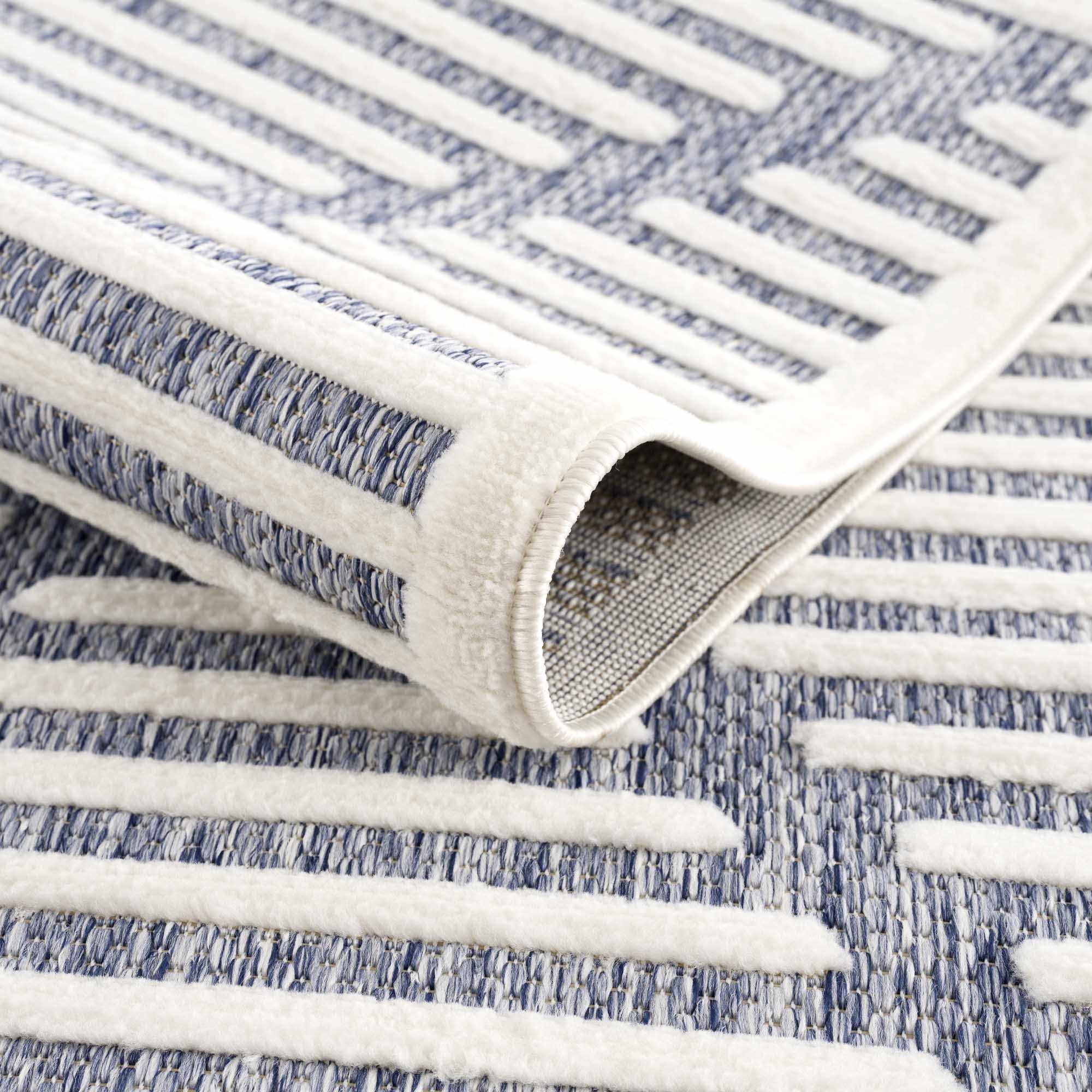 Hauteloom Anah Moroccan Geometric Area Rug - Outdoor Safe - Striped Diamond Performance Carpet for Porch, Patio, Living Room - High Traffic Rug - Blue and White - 7'10" x 10' (8x10 Area Rug)