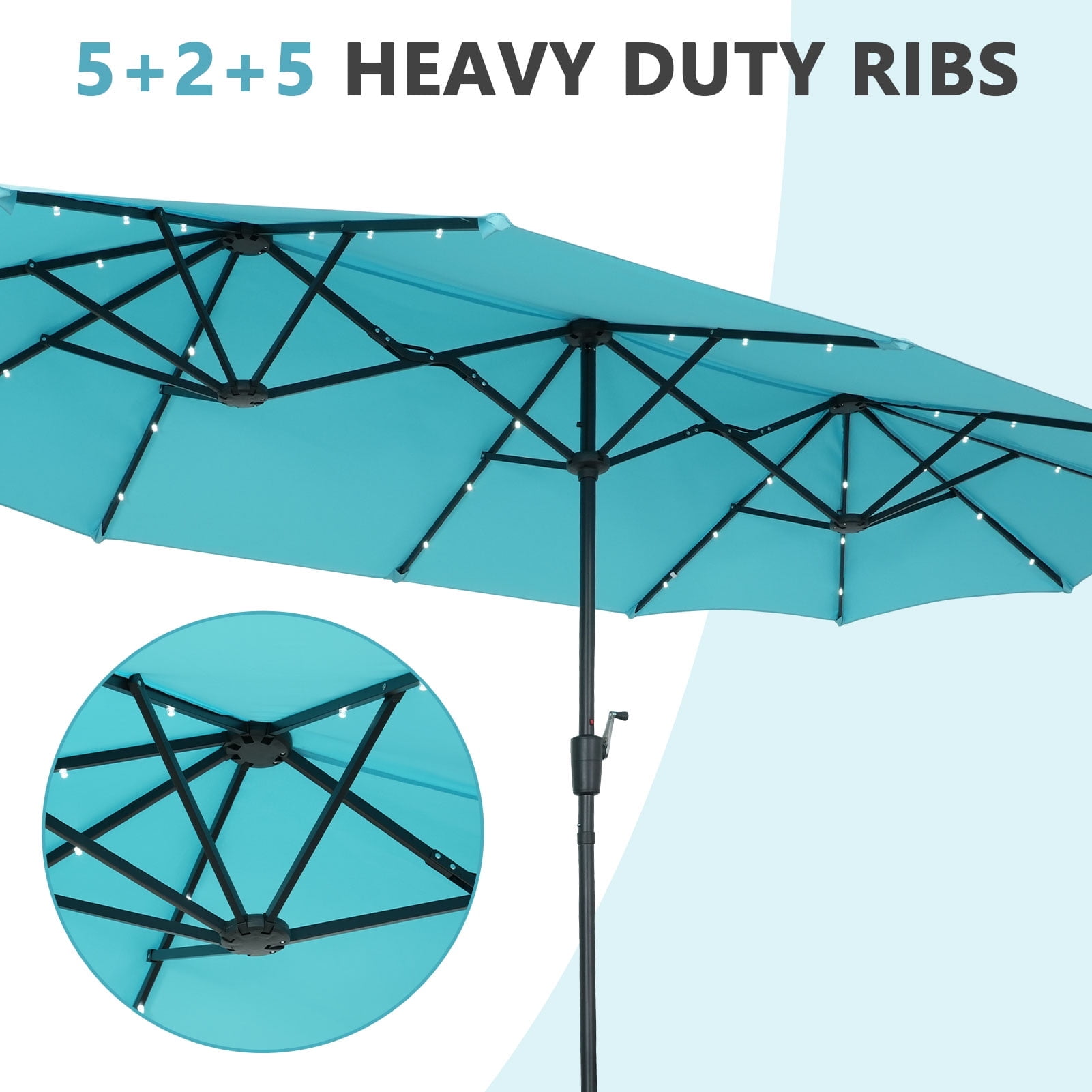 Ainfox 13ft Large Patio Umbrella with Solar Lights, Outdoor Double-Sided Rectangle Market Heavy Duty Umbrellas without Base,Blue