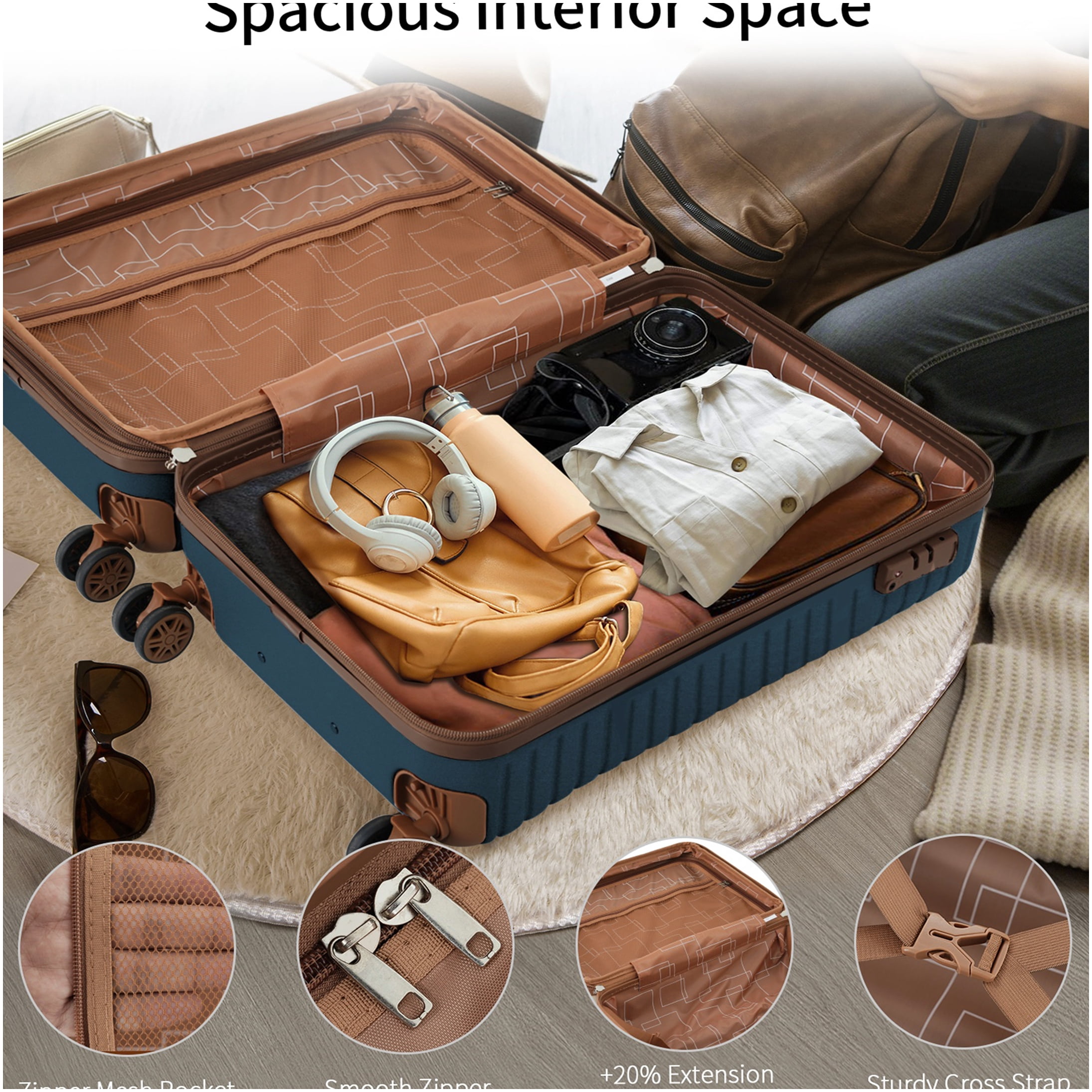 3 Piece Ink Blue ABS Hardshell Luggage Set with Spinner Wheels, TSA Lock, and Weekender Bag