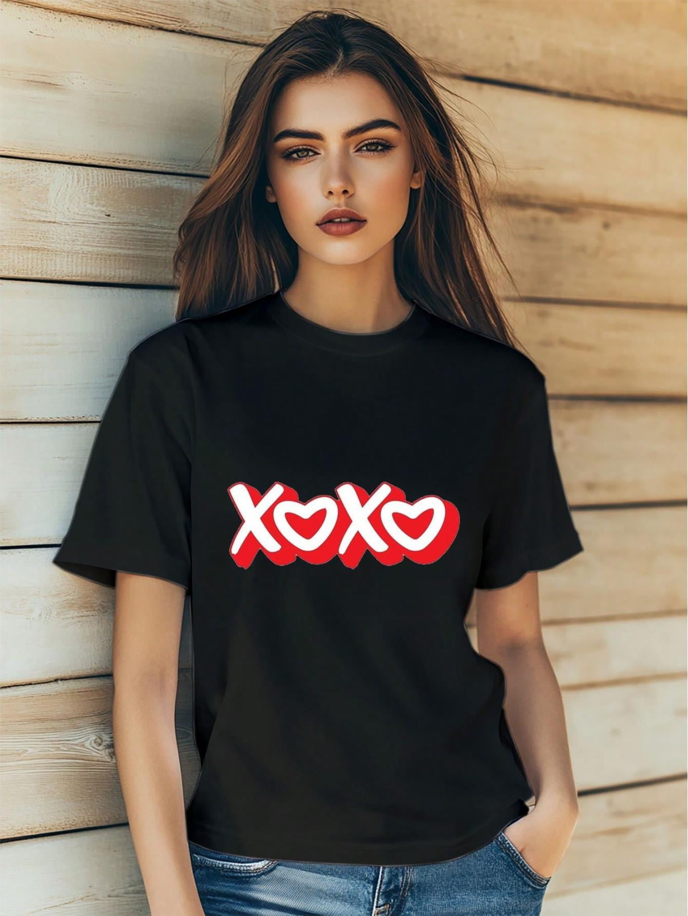 ♡xoxo♡ Women's Valentine's Day Cartoon XOXO Print T-Shirt Fashion Short