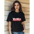 thumbnail image 1 of Camiseta de manga corta con cuello redondo y estampado de dibujos animados XoXo para San Valentín para mujer, 1 of 6