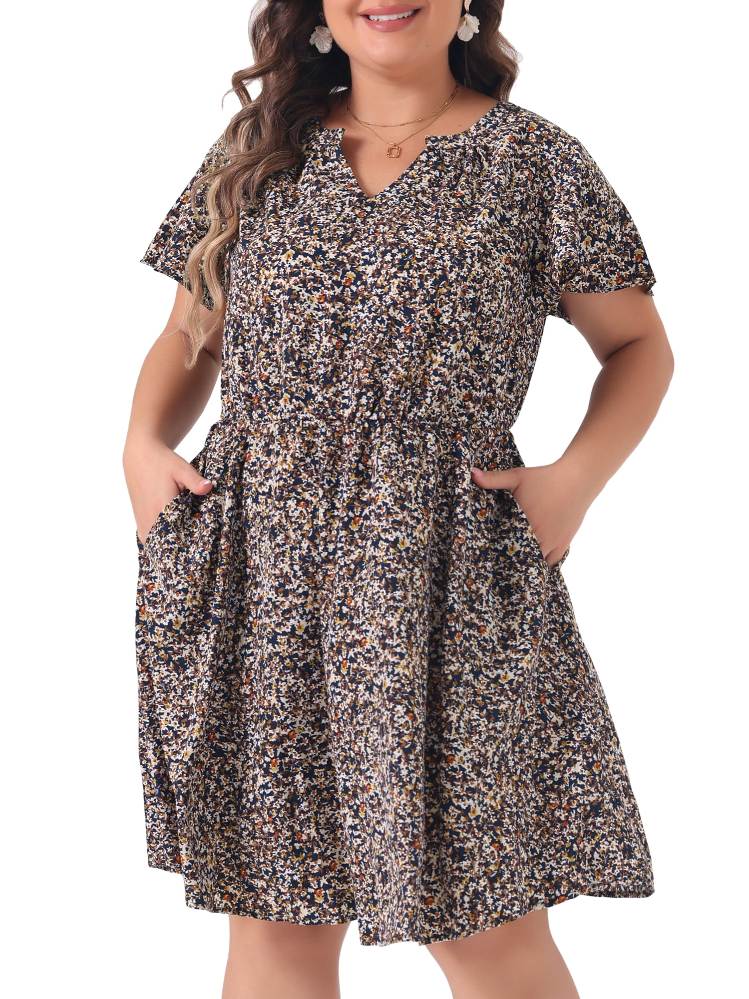 DARING DIVA Plus Size Boho Floral Notched V Neck Ruffle Sleeve Dress 4X Navy Blue