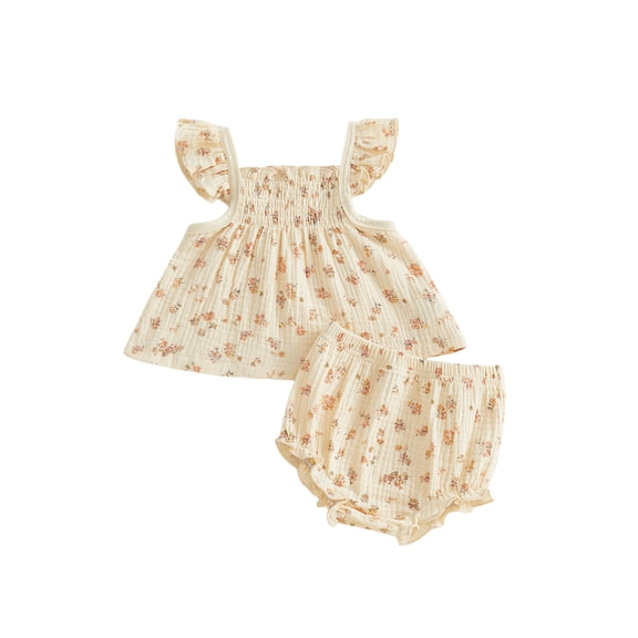 Cenuakty Baby Girl 0-24M Summer Outfit Casual Floral Print Ruffled Trim Flutter Sleeve Tops and Mini Shorts 2 Pcs Set