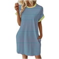 thumbnail image 2 of Kaemgyyd Dress for Women Casual Loose Crew Neck T Shirt Dress Soft Stripe Printing Short Sleeve Mini Tunic Dresses with Pockets, 2 of 6