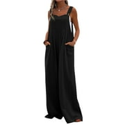Wide Leg Jumpsuits for Women Sleeveless Suspender Overalls Loose Wide Leg Baggy Rompers Button Palazzo with Pockets