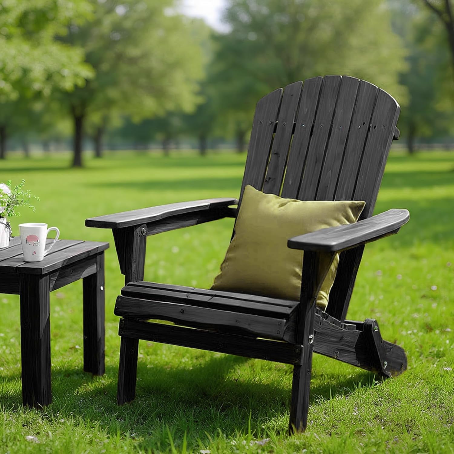 PEXMOR Folding Adirondack Chair Set of 2, Wood Accent Fire Pit Chair, Outdoor Patio Lounge