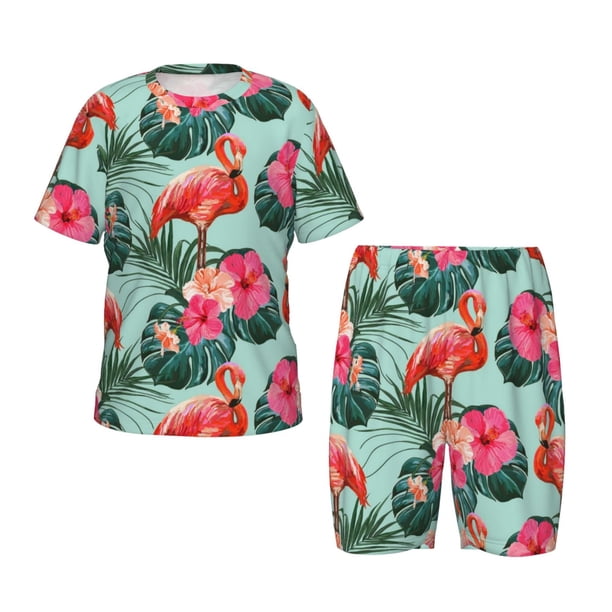Balery Palm Leaves Flamingo Conjunto de Pijama Infantil de Manga Corta con Estampado – Ropa de Dormir de Algodón Suave-4X-Large