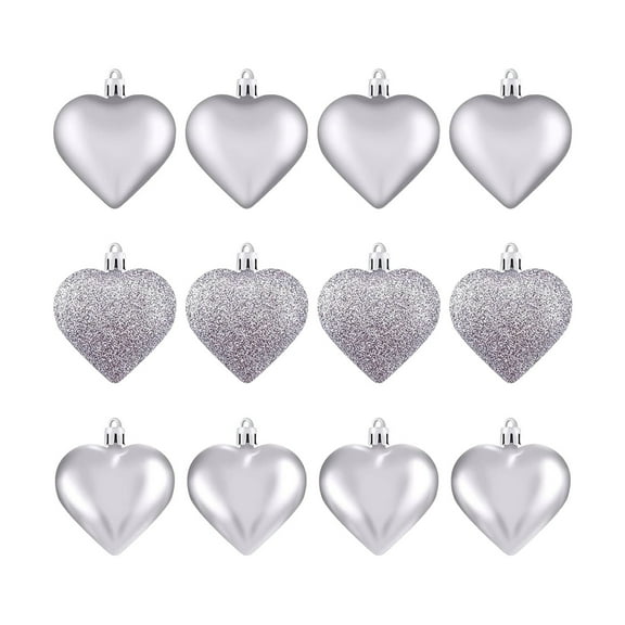 chaungfeng 12Pcs Heart Ornaments, Multi Finish Heart Baubles Hanging Ornaments for Valentine’s Day Decor Mother's Day Christmas Tree Wedding Anniversary Party Decoration(Silver)