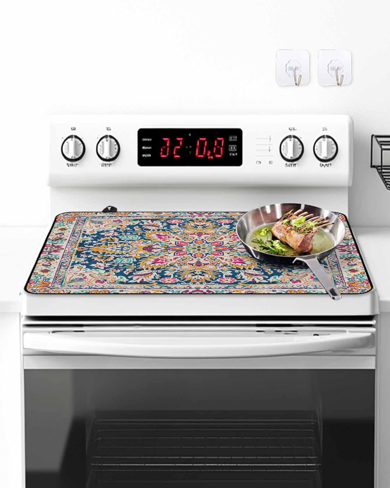 Stove Top Covers for Electric Stove, Colorful Boho Glass Stovetop Cover Protector, Ethnic Vintage Mexican Flowers Southwestern Induction Cooktop Protector Oven Mat for Kitchen Countertop 24"x21"