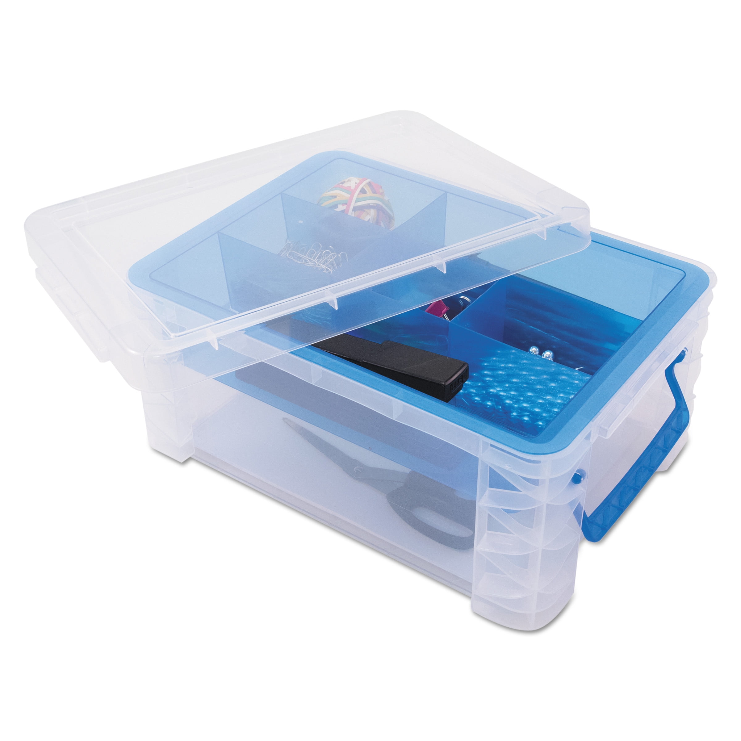 Advantus Super Stacker Divided Storage Box Clear W Blue Tray Handles 10 3 X 14 25x 6 5