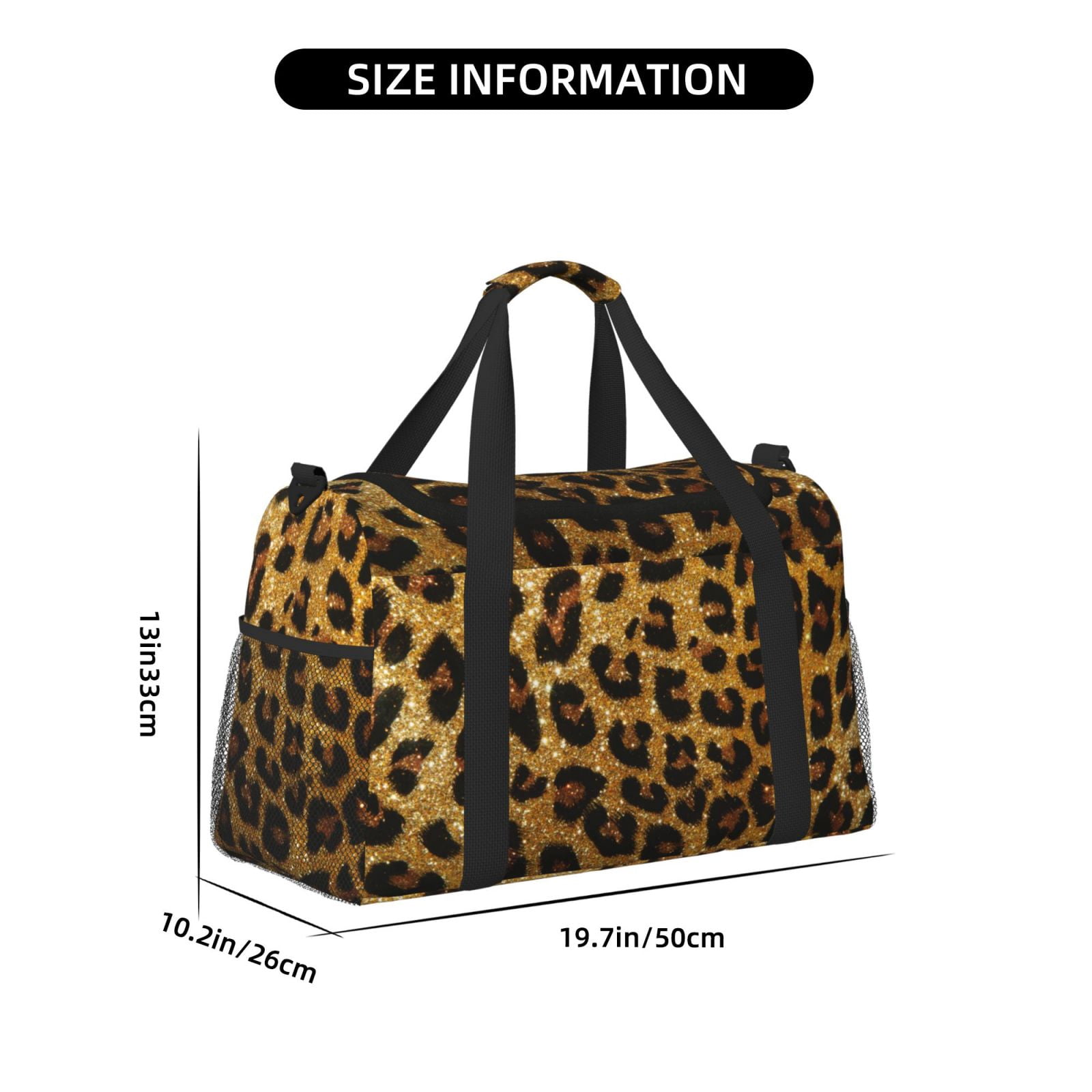 Ratiio Golden Leopard Glitter Pattern Hand Travel Bag, Weekender Carry On for Women Men, Sports Gym Bag, Workout Duffel Bag, Overnight Shoulder Bag fit 15.6 Inch Laptop