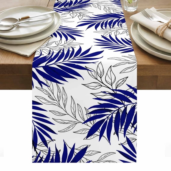 Blue Leaves Table Runner - 90 Inch Long, Kitchen Dining Table Runner Dresser Scarves, Abstract Modern Geometric Lines Simple Art Farmhouse Decor for Coffee Tables Wedding Party Banquet