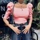 thumbnail image 2 of Camiseta informal con manga abombada y cuello redondo para mujer, camiseta ajustada acanalada de Color puro, Top rosa M, 2 of 7