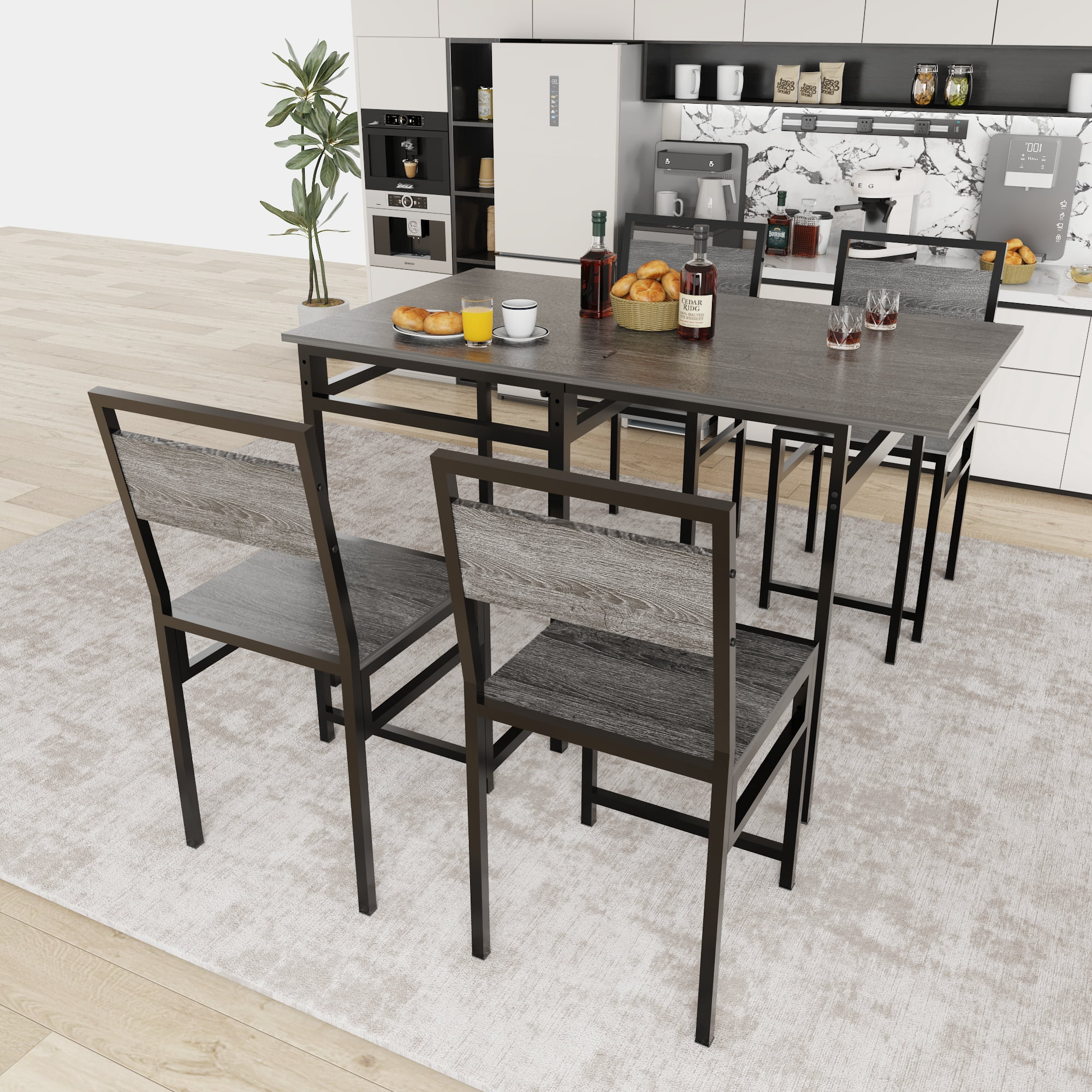 HOQBN Extendable Dining Table Set with 4 Chairs, Industrial Rectangular Kitchen Table,Wood Grain Metal Frame Space Saving Dinner Furniture for Small Family Apartment,Charcoal+Grey