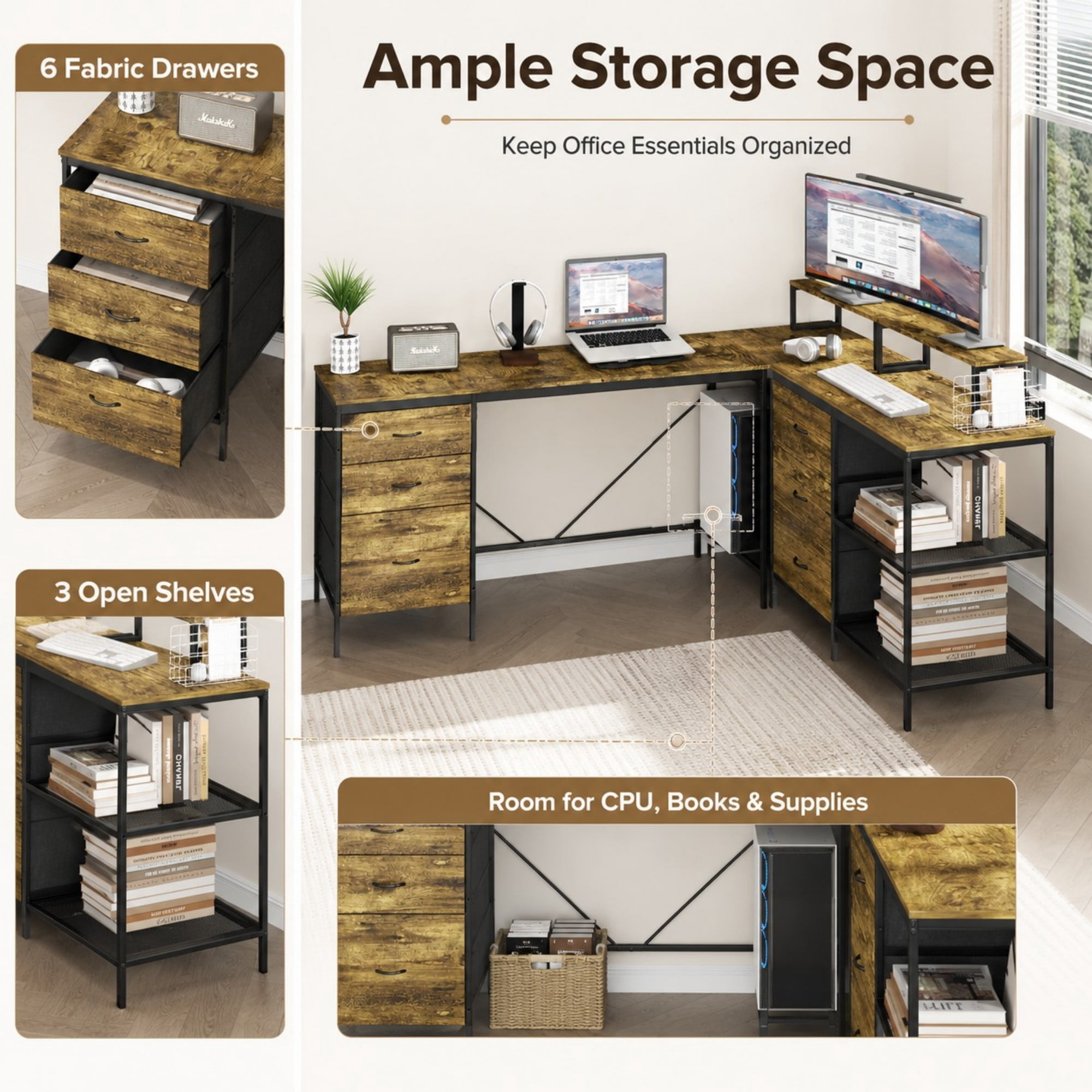 DEALTOPS Reversible L-Shaped Computer Desk with Charging Station, 6 Drawers, Shelves & Monitor Stands, Brown