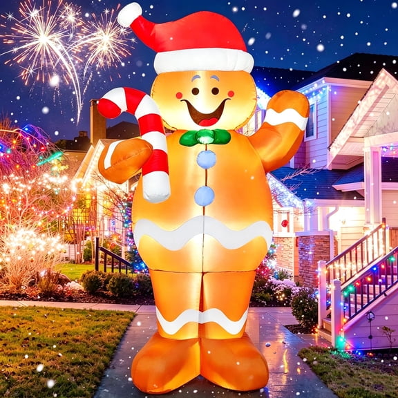 Joyfy 5 ft Christmas Inflatables Gingerbread Outdoor Decorations,Gingerbread Man Blow Ups with Built-in LEDs for Holiday Party Garden Lawn Yard Decor
