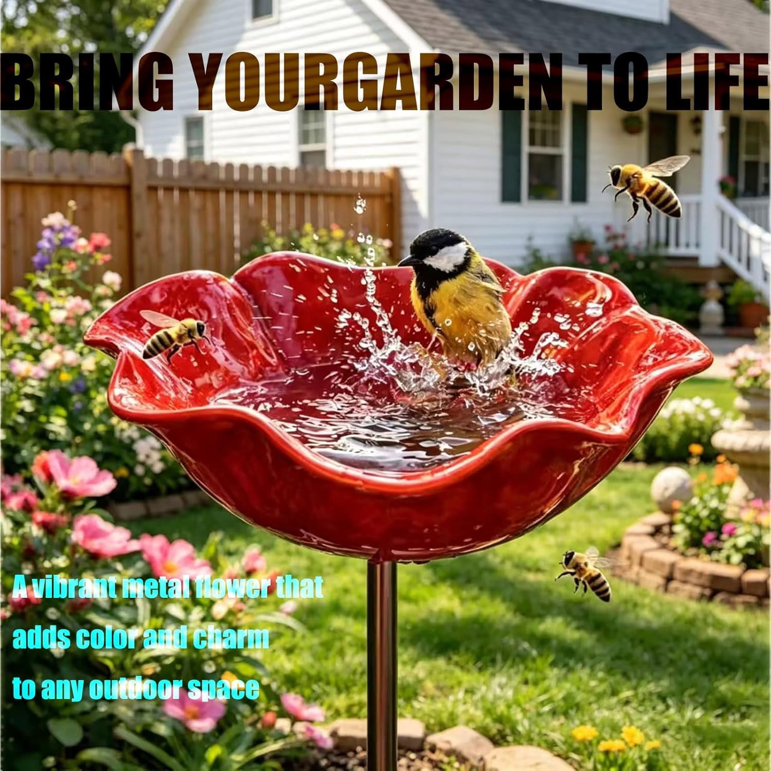 Handcrafted Metal Floral Garden Stake | Bird Bath | Outdoor Bee Watering Station | Pollinator Water Dish | Courtyard Decor & Bird Feeder (6Pieces)